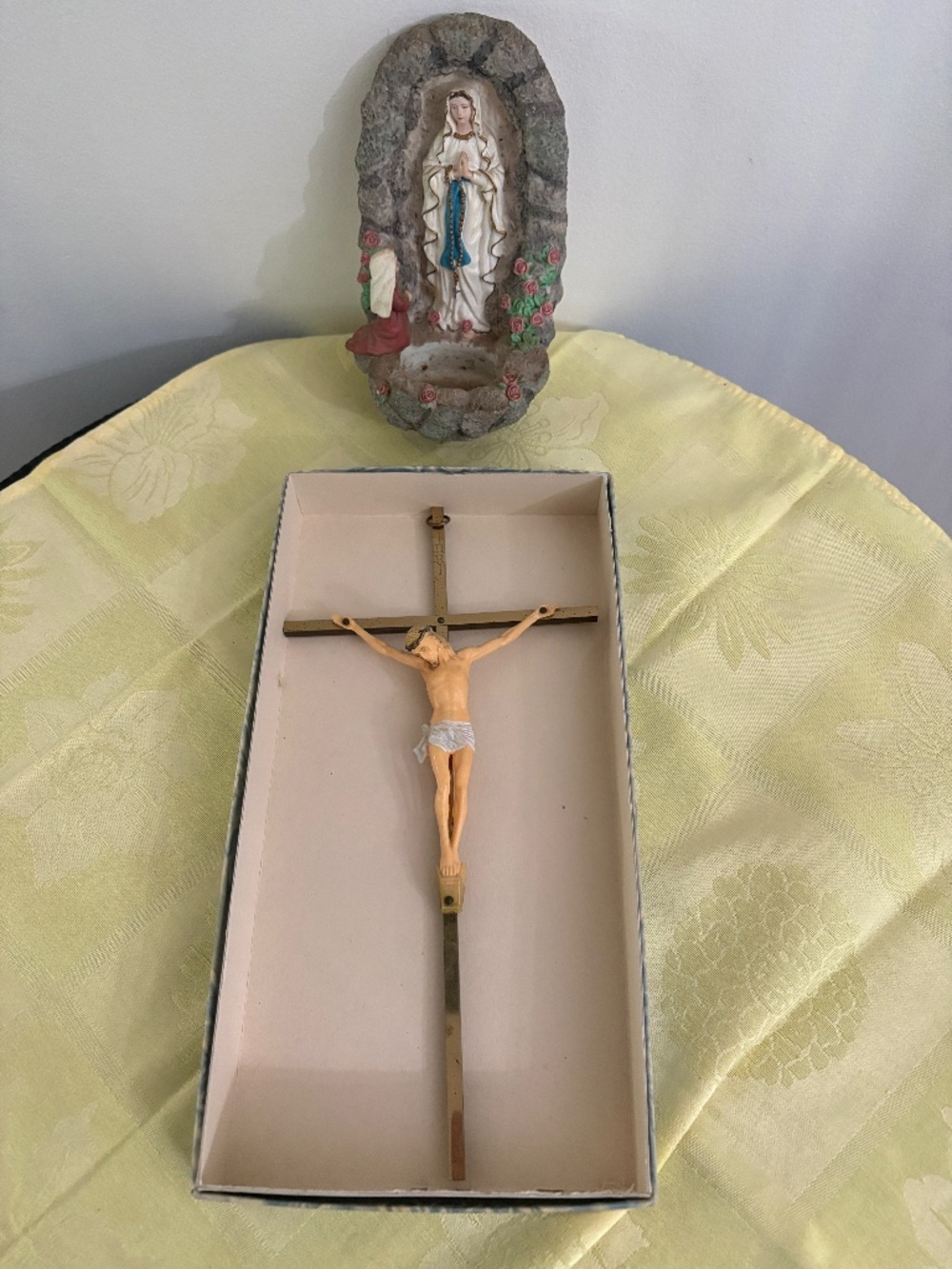 Catholic Wall Hangings - Metal Resin Crucifix and Lourdes Holy Water Font